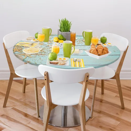 Miniatura 8 de Mantel redondo ajustable de playa de madera de verano con diseño de estrella de mar y borde elástico (se adapta a mesas de 40 a 44 pulgadas)