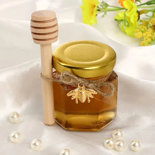 Miniatura 5 de XING-RUIYANG Mini tarros hexagonales de miel de 1.5 onzas, paquete de 30 tarros de miel con tapa dorada, colgantes de abeja, yutes, perfectos