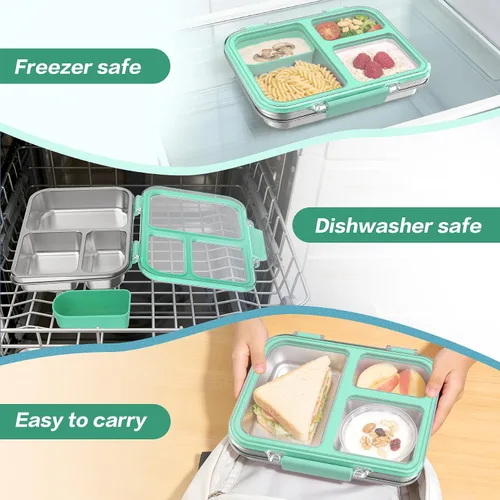 Miniatura 3 de Lonchera Bento de acero inoxidable para niños, lonchera metálica de 3 compartimentos con tapa transparente y silicona extraíble, lonchera para niños