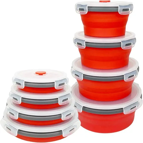 CARTINTS Cuencos de silicona plegables rojos para almacenamiento de alimentos, con tapas a prueba de fugas, aptos para microondas y congelador,