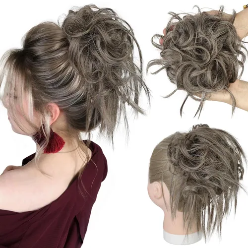 Miniatura 51 de HMD - Extensiones de cabello tipo chongo alborotado con rodelo despeinado, banda elástica de goma, extensiones de cabello sintético para mujer