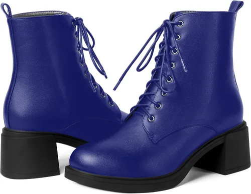 Miniatura 75 de ROSERWISH Botas altas de tacón bajo y grueso para mujer, con cordones, cómodas, modernas, con puntera redonda, de 2.5 pulgadas