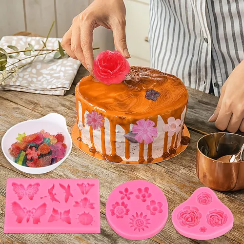 Miniatura 7 de Juego de moldes de silicona para tartas, 8 unidades, diseño de margaritas y hojas de rosa y mini flores, caramelo de fondant para chocolate