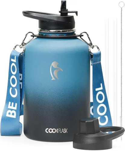 Miniatura 30 de Botella de agua Coolflask de 40 onzas con correa, botella de agua metálica aislada con popote y tapas con pico, acero inoxidable de doble pared al