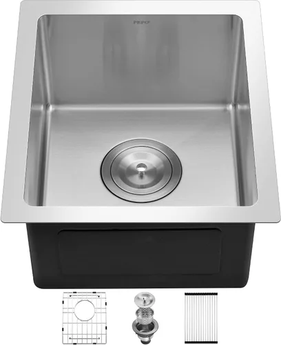 Miniatura 11 de Fregadero de Bar - PEPO Fregadero de Cocina Bajo Encimera de 21 x 18 Pulgadas, Fregadero de Cocina Pequeño de Una Sola Cubeta de Acero Inoxidable