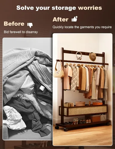 Miniatura 2 de Perchero con estantes, resistente con cesta de almacenamiento, estantes de ropa rodantes de bambú para espacios pequeños, dormitorio, entrada