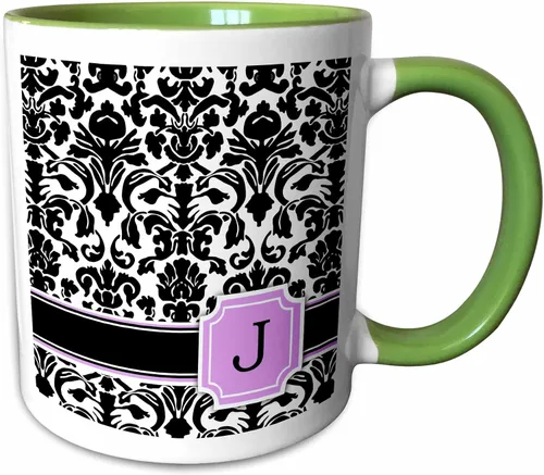 Miniatura 10 de 3dRose Letra personalizada con diseño de damasco blanco y negro con monograma, inicial personal en J - Taza negra de dos tonos, 11 onzas, 11 onzas