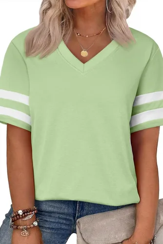 Miniatura 16 de Eytino Blusas de talla grande para mujer, cuello en V, manga corta, a rayas, casual, holgada, con bolsillo (1X-5X)