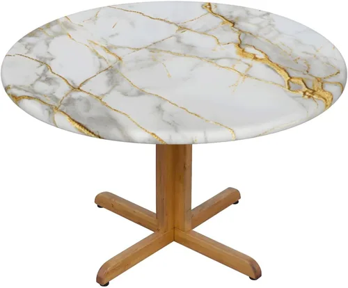 Miniatura 7 de Mantel redondo de mármol blanco dorado con borde elástico, mantel decorativo para el hogar, cocina, comedor, fiesta, S (se adapta a 40-45 pulgadas)