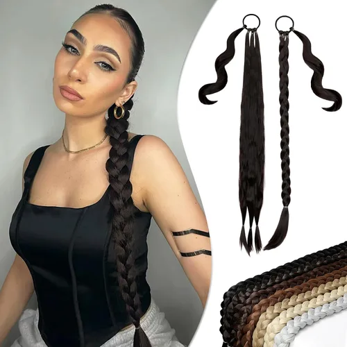 Miniatura 7 de Extensión de cola de caballo larga trenzada con banda para el cabello, color marrón claro, extensiones de cabello sintético suave y natural