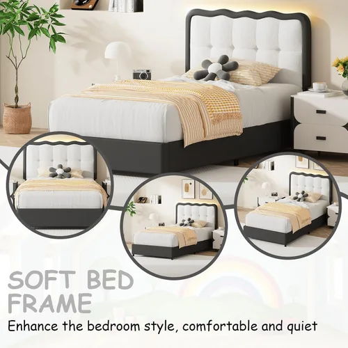 Miniatura 4 de BarnFurin Base de cama individual, cama de plataforma tapizada con cabecera de nube, marco de cama moderno con diseño suave anticolisión, no Negro