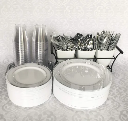 Miniatura 4 de Placas plásticas y cubertería de plata JL primer 125 pieza para 25 huéspedes, pesados platos de plástico desechables borde de plata y cubiertos