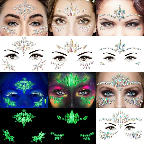 Miniatura 2 de 4 hojas de gemas faciales de Euforia, 0.35 oz de purpurina gruesa, calcomanías de diamantes de imitación que brillan en la oscuridad, gemas