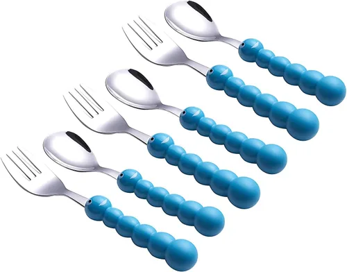 Miniatura 2 de ANNOVA Juego de cubiertos para niños, 6 piezas, cubiertos de acero inoxidable, 3 tenedores seguros, 3 cucharadas, utensilios seguros para niños sin