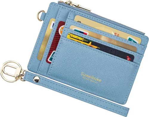Miniatura 13 de Cartera delgada para mujer con bloqueo RFID para tarjetas de crédito, porta tarjetas tipo pulsera con cremallera para identificación, cartera