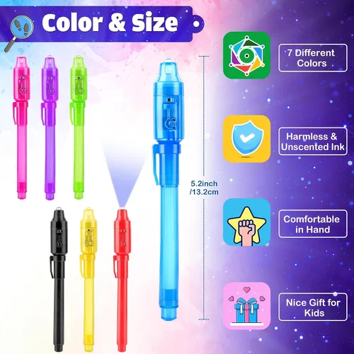 Miniatura 4 de Joycover Bolígrafo de tinta invisible con luz UV para niños, 28 unidades de bolígrafos espías para niños de 4 a 8 a 12 años, suministros de fiesta