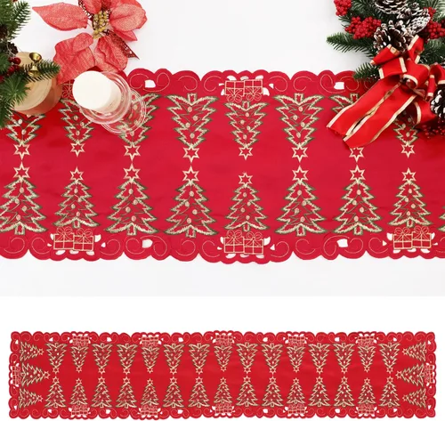 Miniatura 2 de Simplebrand Camino de mesa de Navidad rojo de 13 x 70 pulgadas de largo, camino de mesa de Navidad bordado con árbol de Navidad verde y regalos