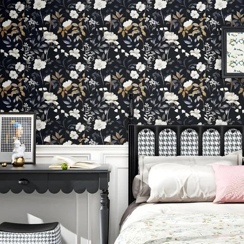 Miniatura 3 de ILHIIOR Papel tapiz floral azul oscuro para despegar y pegar, papel de contacto de hojas bohemias, papel de contacto con flores oscuras, extraíble