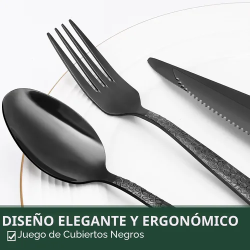 Miniatura 3 de EWFEN Juego de cubiertos negros de 24 piezas con cuchillos para carne, juego de cubiertos negros para 4, juego de cubiertos de acero inoxidable