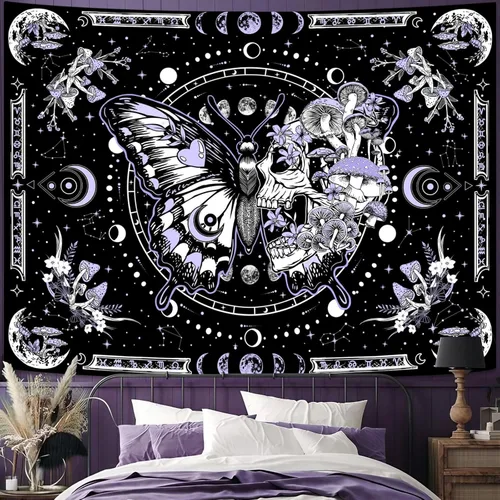 Miniatura 8 de Fungarth Tapiz de Esqueleto y Mariposa Blanco y Negro Calavera Hongos Plantas Tapices Hippie Estético Tapiz Colgante de Pared para Dormitorio Sala
