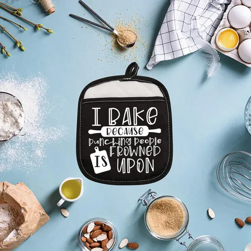 Miniatura 5 de ZJXHPO Almohadillas para horno de regalo para hornear, soporte para ollas I Bake Because Punching People is Frowned Upon Hot Pads (Frunción sobre)
