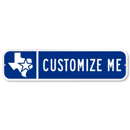 Personaliza tu propio letrero de calle azul con el logotipo del estado de Texas por SmartSign | Aluminio de 24 x 6 pulgadas