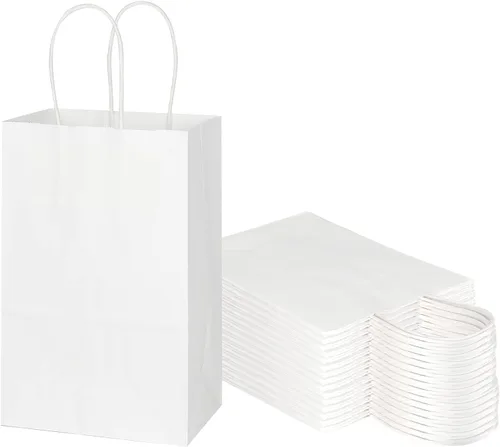 Toovip Paquete de 50 bolsas pequeñas de papel kraft blanco de 5.25 x 3.25 x 8.25 pulgadas con asas a granel, bolsas de envolver regalos para
