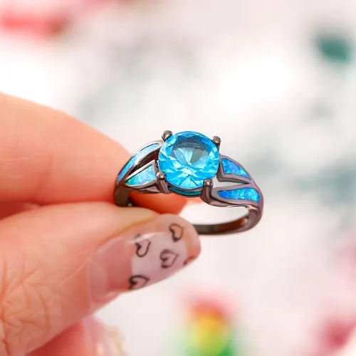 Miniatura 5 de UFOORO Anillo infinito de ópalo de fuego chapado en rodio negro, circonita cúbica, boda, compromiso, aniversario, anillos para mujer, Cristal