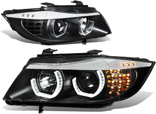 DNA MOTORING HL-3D-E9005-BK - Faros delanteros negros con anillo de halo 3D, haz alto y bajo, con señales de giro ámbar, compatibles con BMW 323i