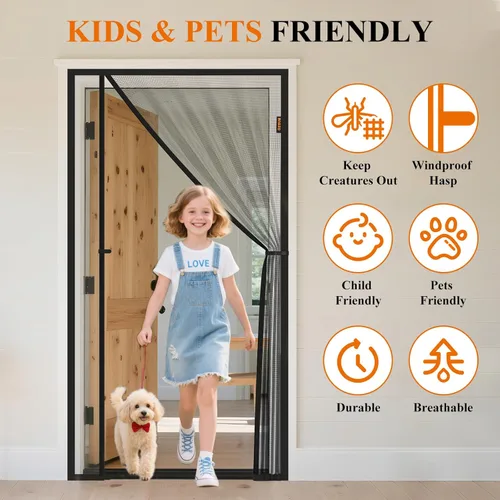 Miniatura 7 de MAGZO Puerta mosquitera magnética, se adapta a puertas de 32'' x 80'' (tamaño de malla de 34'' x 81''), apertura desplazada izquierda y derecha, Gris
