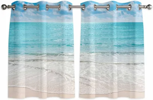 T&H XHome Tropical Curtains, Exotic Beach with Vivid Sky Ocean Island Scenery Window Curtain, 2 Panel Curtains for Sliding Glass Door Bedroom Living