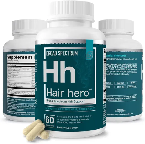 Essential Elements Hair Hero - Vitaminas para el cabello para hombres - Soporte de amplio espectro con 5000 mcg de biotina - 60 unidades - 30