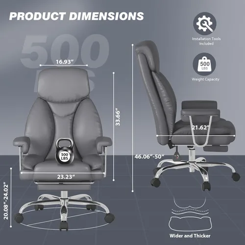 Miniatura 2 de Silla de oficina grande y alta, asiento ancho de 500 libras, silla de oficina ergonómica ejecutiva con reposapiés retráctil y brazos acolchados