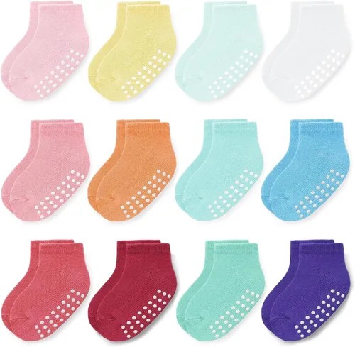 Miniatura 18 de JAKIDAR 12 pares de calcetines antideslizantes de algodón para niños y niñas, suela antideslizante para bebés y niños