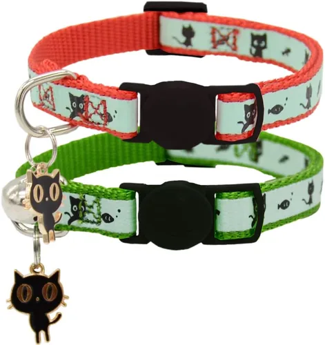Miniatura 12 de Paquete de 2 collares para gatos que brillan en la oscuridad con campana, collares de seguridad para cachorros con colgante verde y amarillo