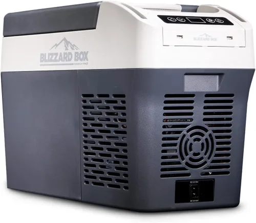 Blizzard Box - Enfriador eléctrico portátil de 13 cuartos de galón – Refrigerador de coche sin hielo, 12 V/24 V CC y 110 V CA, termostato digital,