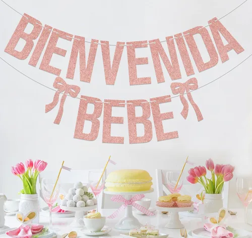 Miniatura 4 de Bienvenida Bebe Banner de bienvenida española para bebé, decoraciones mexicanas para baby shower, purpurina de oro rosa