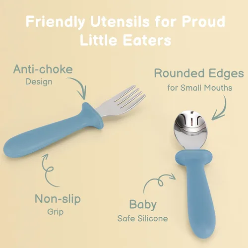 Miniatura 4 de Eascrozn - Juego de utencilios para niños pequeños, paquete de 6, cubiertos para niños con mango de silicona, tenedores y cucharas de acero