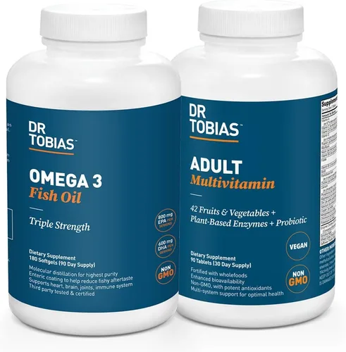Dr. Tobias Aceite de pescado Omega 3 y multivitamínico para adultos incluye probióticos y enzimas a base de plantas que promueven la salud general,