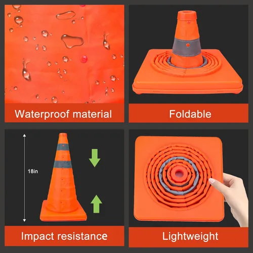 Miniatura 7 de Paquete de 3 conos de seguridad plegables de tráfico de 18 pulgadas, conos de estacionamiento con collares reflectantes, conos de seguridad naranjas