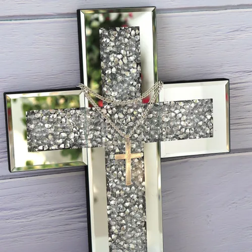 Miniatura 2 de GIMORRTO Decoración de pared con cruz espejada, cristal de diamante triturado, arte de pared religioso (pequeño)