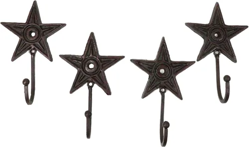 Ebros Gift Paquete de 4 ganchos de pared de hierro fundido forjado, estilo vintage, rústico, estrella occidental, placas decorativas para abrigos,