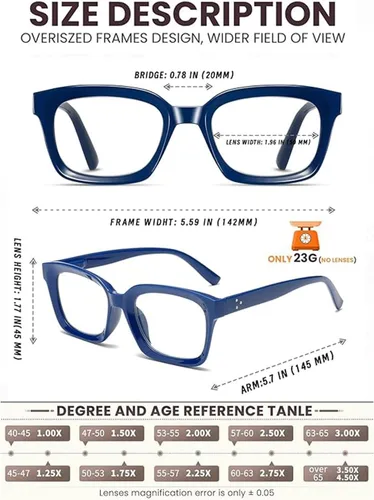 Miniatura 3 de Hubeye Large Reading Glasses for Women Men Fashion Square Frame Anti-Blue Light Glasses Reading Aid (Black+Blue, 1.00)