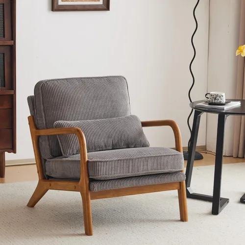 Miniatura 18 de Karl home Silla de acento moderna de mediados de siglo con cojín, tapizada en tela de lino, silla de salón con brazo, estructura sólida de madera