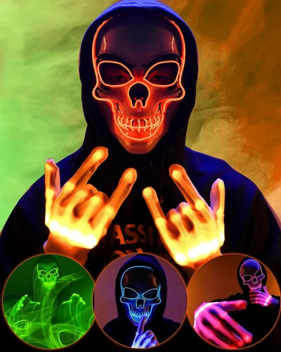 Sumind Máscara LED de Halloween, esqueleto LED aterrador que brilla en la oscuridad, máscara para fiesta de disfraces de Halloween (naranja)