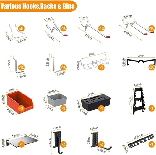 Miniatura 6 de TORACK Organizador de Pared de Tablero Perforado de 109 Piezas, 4 pies, Kit de Almacenamiento de Herramientas Utilitarias de Tablero Perforado