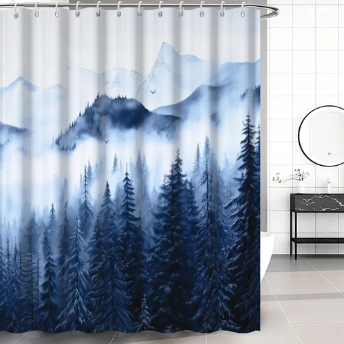 Miniatura 14 de Cortina de ducha pequeña en blanco y negro, juego de cortina de ducha de bosque brumoso para baño, impermeable, decoración de baño de montaña