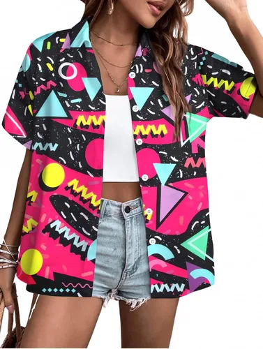 Trajes de los años 80 para mujer, camisa de neón de los años 80 y 90, camisa retro para fiesta temática de discoteca, camisa hawaiana con botones de