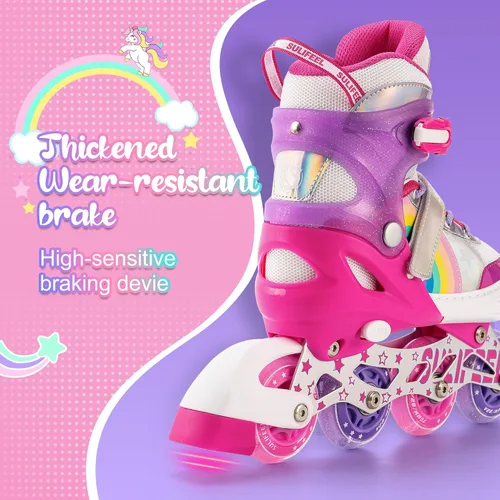 Miniatura 4 de SULIFEEL Patines en línea de unicornio arcoíris para niñas y niños, 4 tamaños, ajustables, con ruedas iluminadas, para niños principiantes C rosado