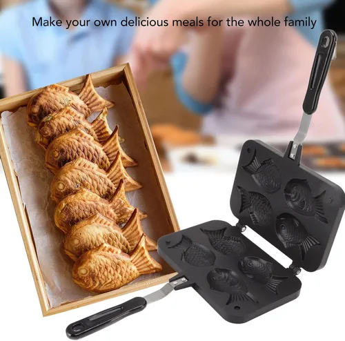 Miniatura 6 de Máquina para hacer gofres, con 4 cuencos, pescado Taiyaki, máquina para pasteles con revestimiento antiadherente, mango antiquemaduras, soporte